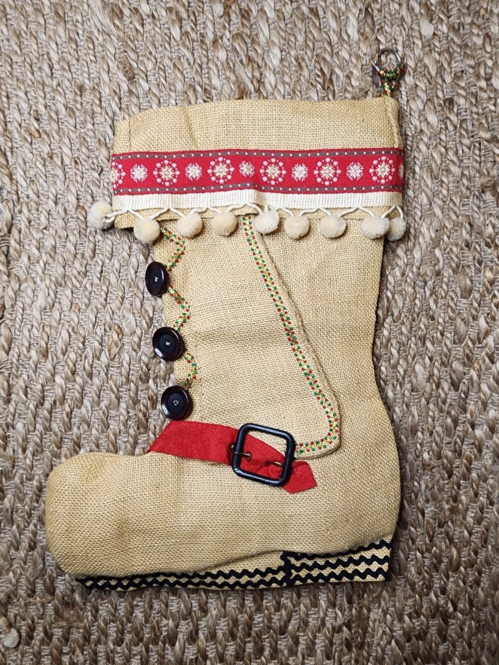 Handmade Holiday Christmas Burlap Boot Stocking Black Buttons Palms 19"